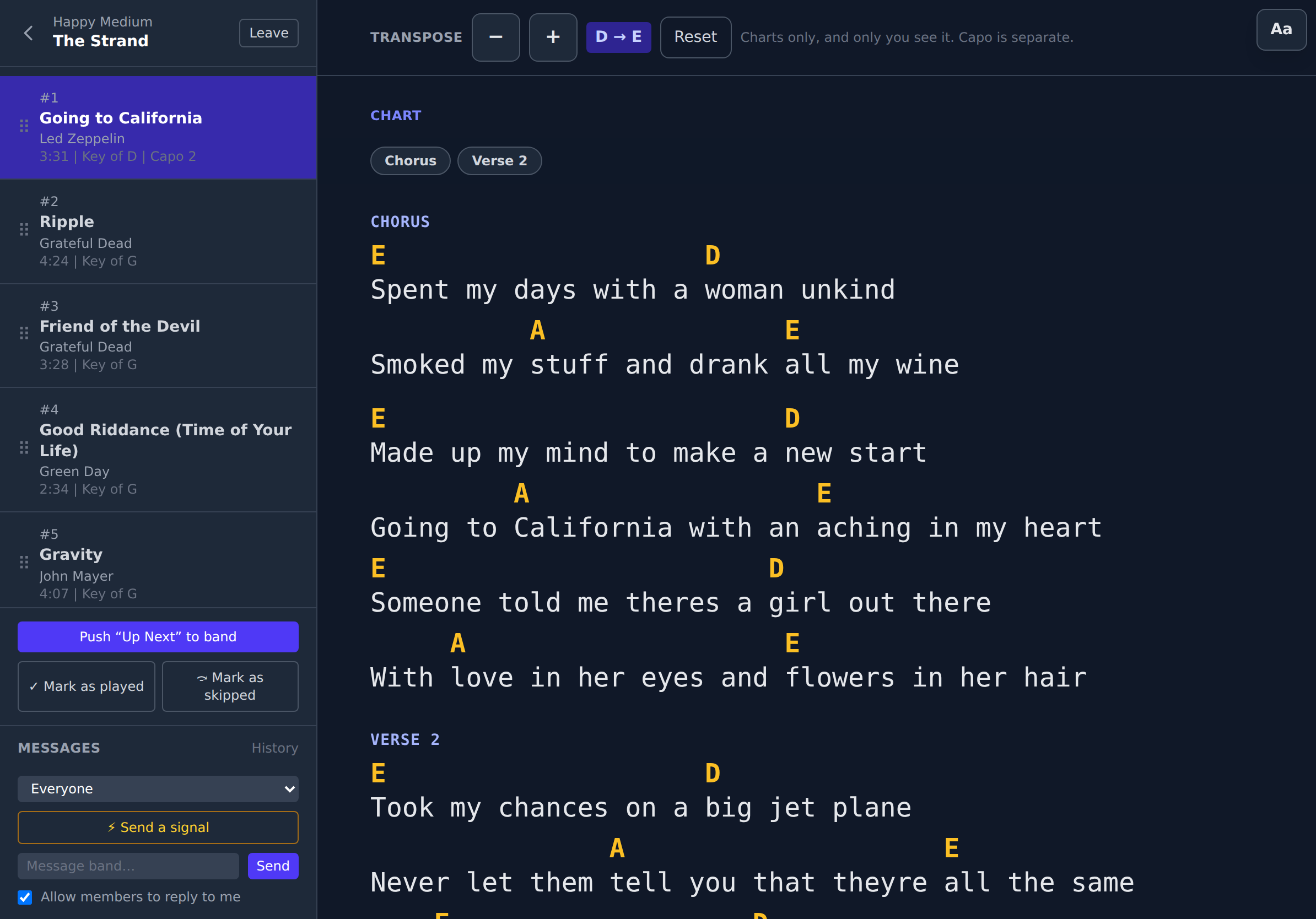 Sheet Cheater's live view on an iPad. The band's running order is in the left sidebar with each song's key beside it, and the current song fills the stage panel as a chart: amber chords sitting over the syllables they belong to, with a transpose control above reading D to E.