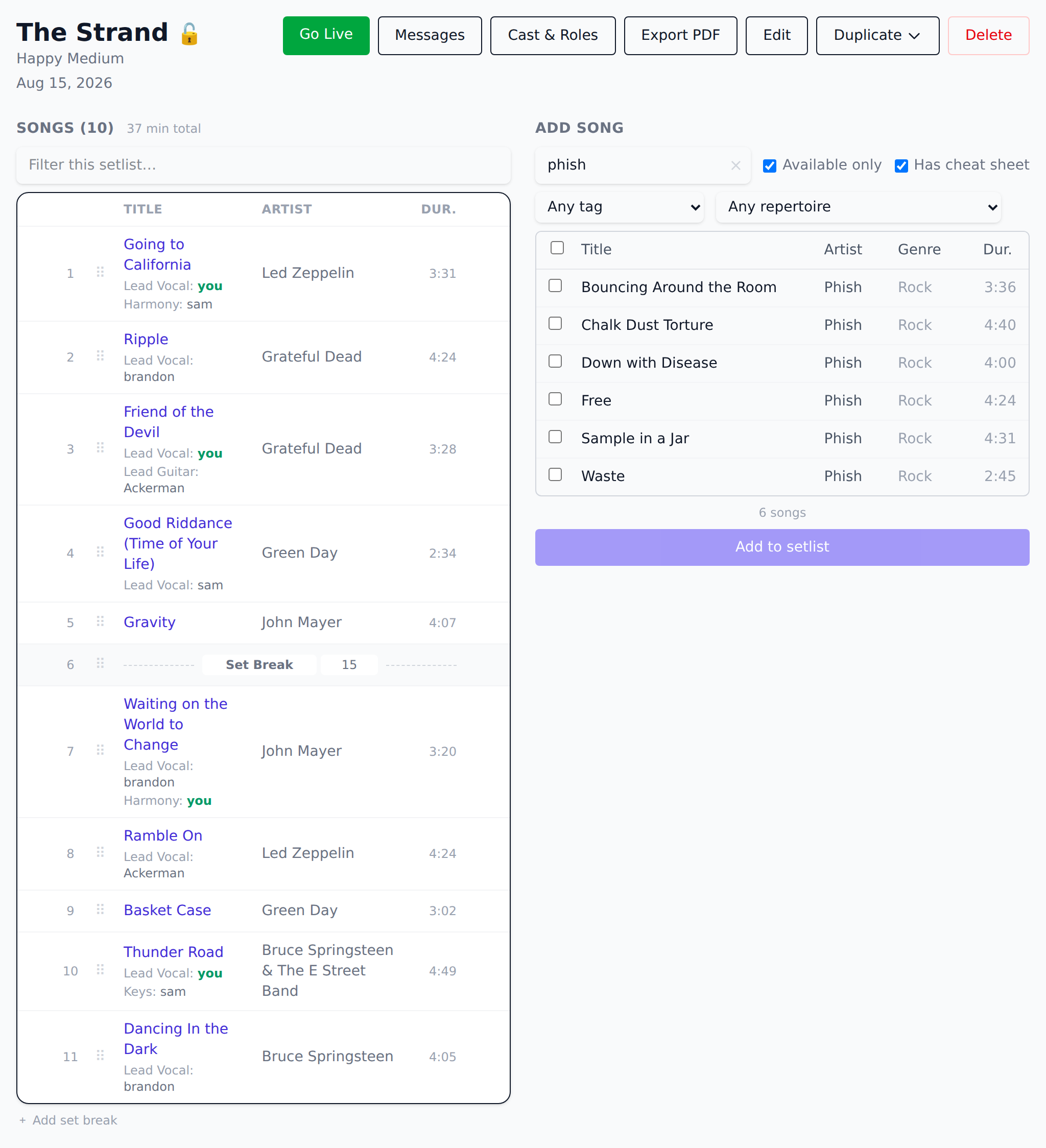 The setlist builder, with a band's set on the left showing drag handles and durations, and a searchable song picker on the right.